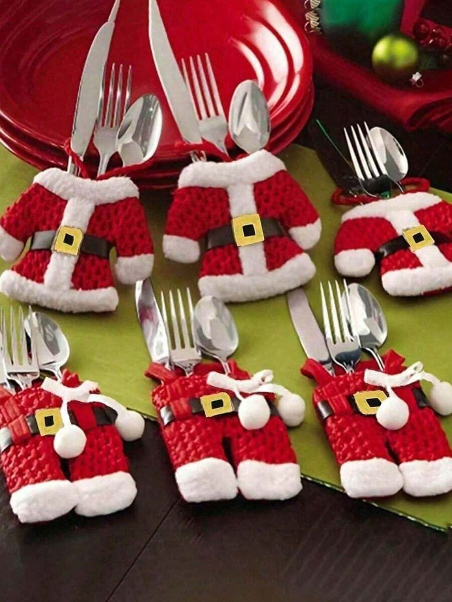 6pcs Christmas Santa Suit Canvas Cutlery Holder Set - Festive Tableware Organizer With Silverware Bag Decorations - Holiday Home Kitchen Table Decorations For Christmas Party,Home Decor,Kitchen Decor,Halloween Decor,Room Decor,Christmas Decor,Party Decor,Decorative Crafts,Desk Ornaments,Table Decorative Ornaments,Party Gift,Christmas Decorations,Christmas Gift,Christmas Decor Home.