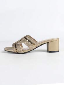 夏季畅销款绳纹缀饰粗跟/低跟金色女式凉鞋 - 金色 - 查看 5