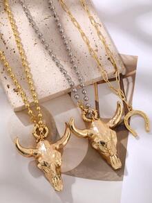 1pc Unique Western Cowboy Style Gold-Tone Beaded Horseshoe & Bull Head Alloy Pendant Necklace, Suitable For Women's Outings, Daily Wear, Parties, Western-Themed Travels And Music Festivals. 18K Gold Plated Hip-Hop Punk Versatile Jewelry, Gold Accessories, Gift For Friends And Loved Ones - Gold - View 7