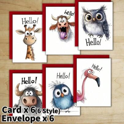 12pcs, Funny Wildlife Greetings Greeting Cards With Envelopes |   Cartoon Animal Greeting Cards, Assorted Funny Wildlife Designs, For Birthday, Thank You Gift, Congratulations Gifts, Halloween, Thanksgiving, School Supplies,Back To School