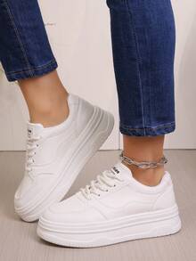 1 Pair Thick Sole Solid White Casual Sneakers, Suitable For All Seasons - Beige - View 2