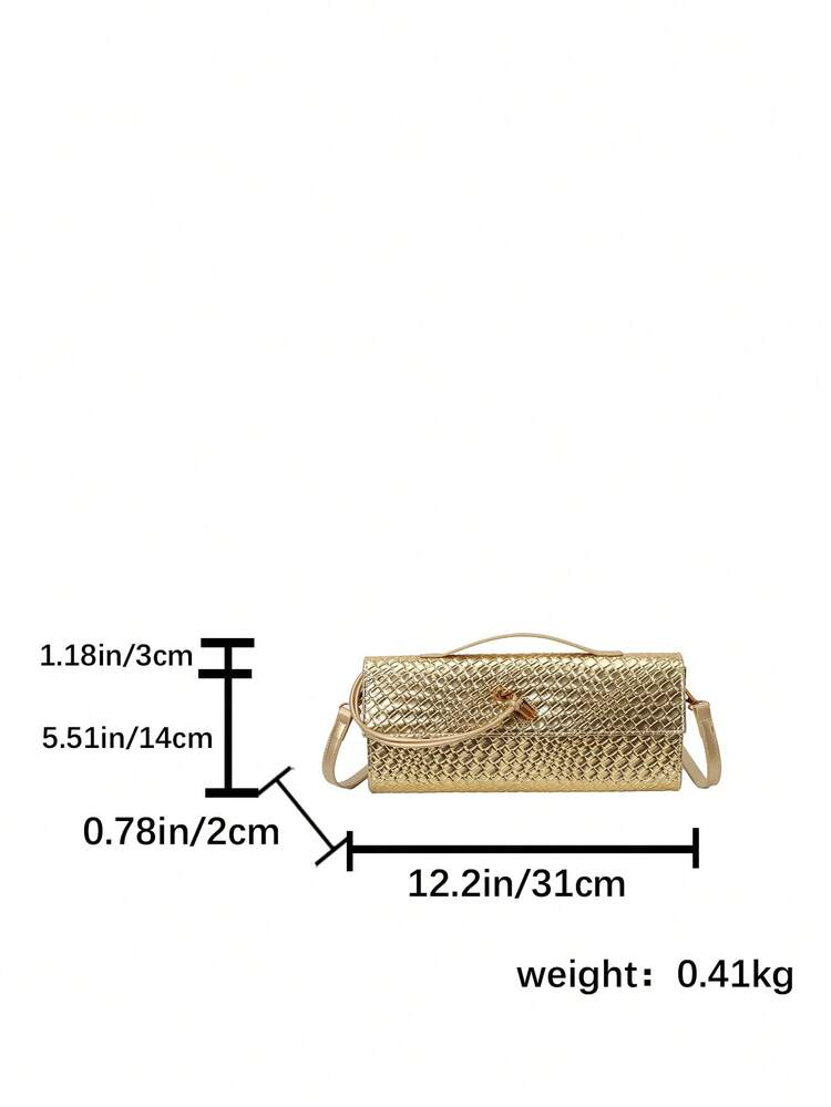 Women's High-Quality Solid Color PU Faux Woven Crossbody Clutch Bag - Gold - View 4