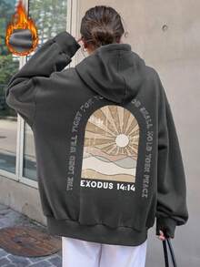 女士冬季阳光标语图案抽绳连帽卫衣，带口袋，休闲宽松度假风上衣，时尚冬季服装，适合日常穿着