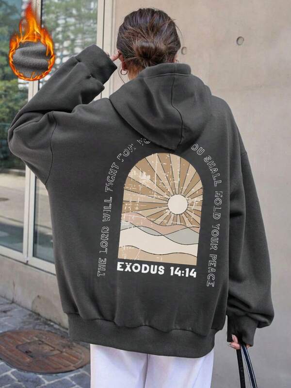 Women's Winter Sun And Slogan Graphic Long Sleeved Drawstring Hoodie With Pocket ,Casual Loose And Versatile Holiday Style Tops,Fashionable Winter Women Clothes Suitable For Daily Wear