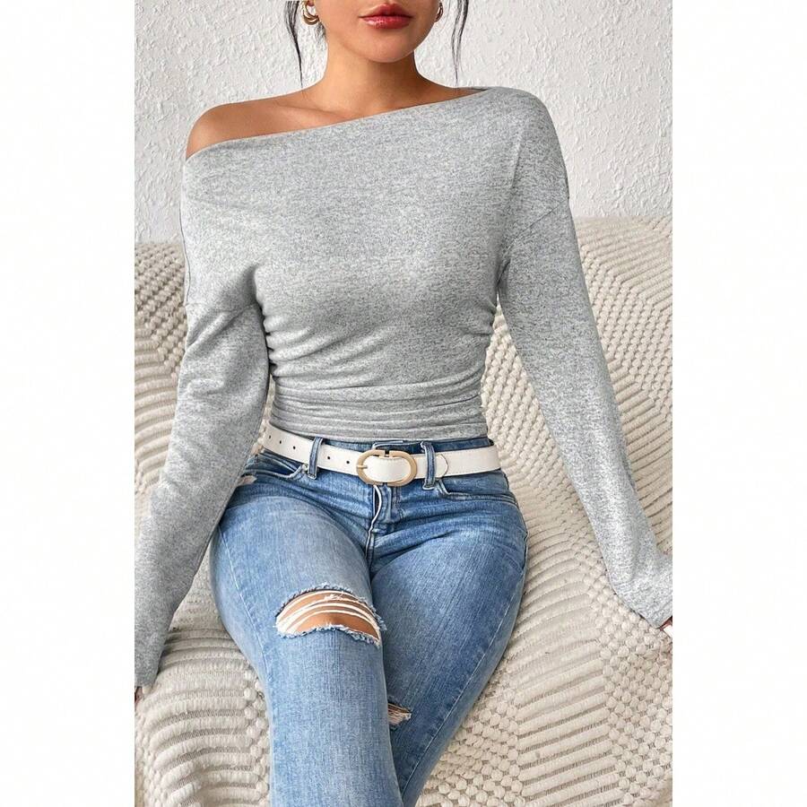Women's Plain Minimalist Basic Ruched Asymmetrical Neck Drop Shoulder Tee, Elegance Mufti Clothes, Fall Long Sleeve T-Shirt For Everyday, Back To School T Shirts, Lady Clothes For Streetwear, Womenswear, Casual Wear - 卡其色 - 查看 1