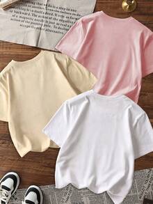 Bộ 3 áo thun ngắn tay cổ tròn in họa tiết dành cho bé gái, trang phục mùa hè cho học sinh - Áo thun thời trang tiếng Anh đơn giản dễ thương mang lại niềm vui và hạnh phúc cho mọi trẻ em! Thích hợp cho Ngày Valentine. - Hồng - Xem 2