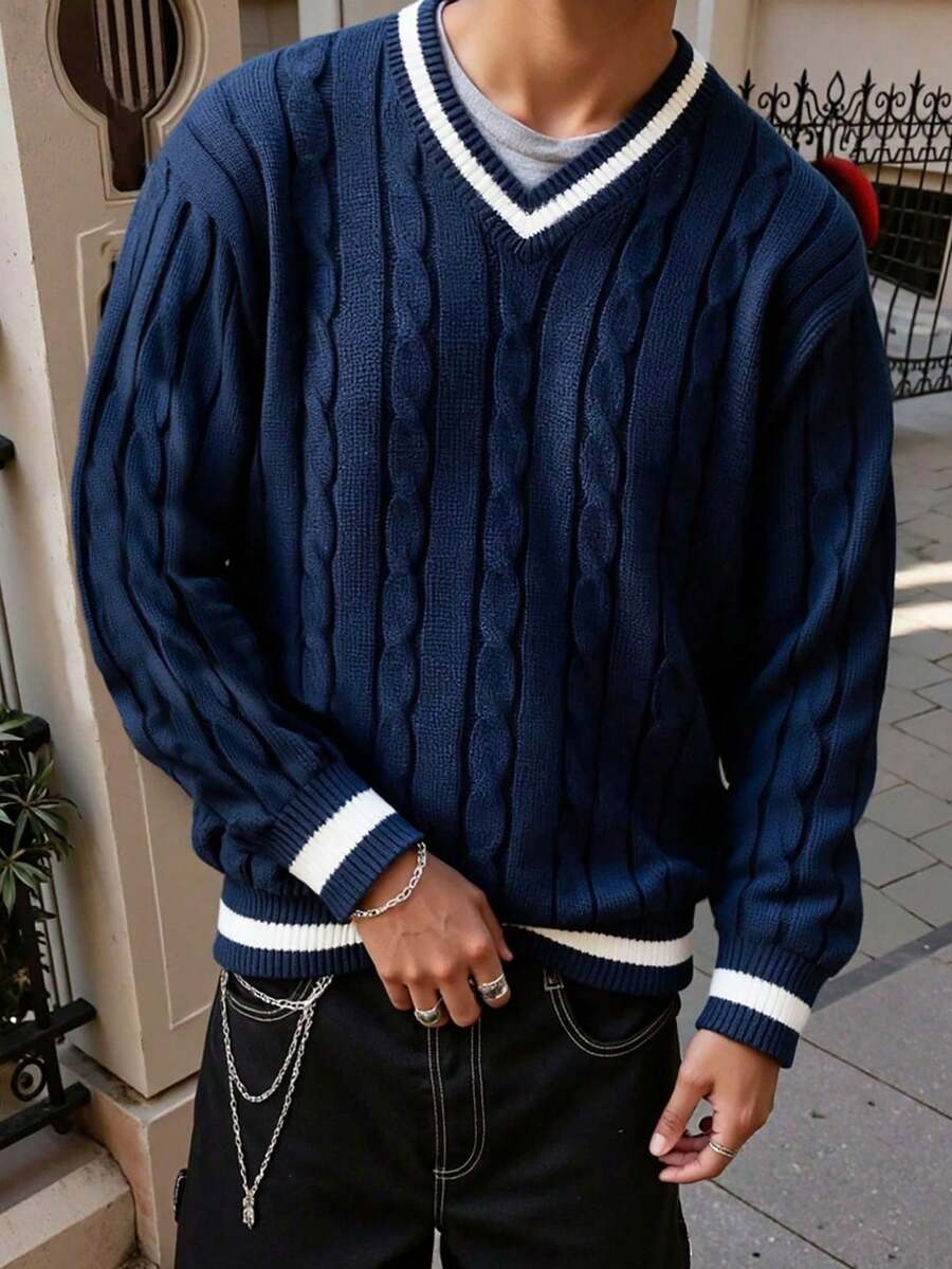 1pc Teen Boys V-Neck Knit Sweater, Elegant & Comfortable Versatile Collegiate Style Knitwear, Suitable For Gatherings, Outings, Back To School - Màu xanh hải quân - Xem 1