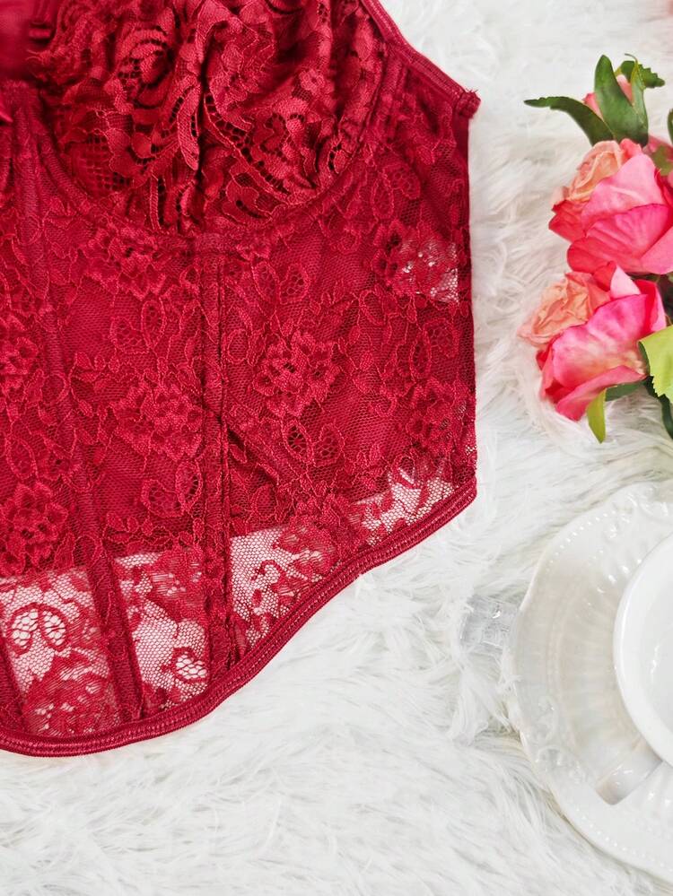 EZNV 1 Peça Corpete Tipo Espartilho com Recorte em Renda e Espinha de Peixe, Cinturão de Cintura - Vinho - Visão 10