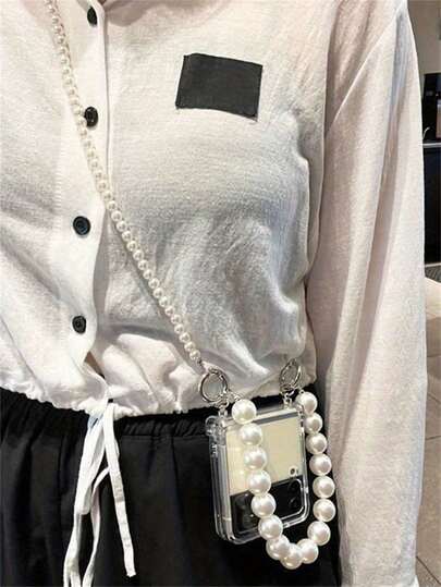 Nytt snyggt pärlfärgat axelremsfodral med kedja, vikbart telefonskal kompatibelt med Samsung Galaxy Z Flip7 Flip6 Flip5 Z Flip 4 3 lyxigt fallskydd genomskinligt bakstycke