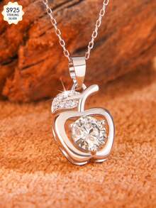 1pc S925 Sterling Silver Hollow Apple Pendant Necklace, Inlaid With 1 Carat D Color VVS1 Clarity Moissanite, Suitable As Gift For Daughter, Mother, Lover On Valentine's Day, Mother's Day, Christmas Eve, Christmas - Silver - View 2