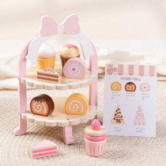 Wooden Cake Tea Party Toy Set, Dessert Food Toy With Cupcake Stand, Children's Pretend Play Kitchen Accessories, Wooden Food Toy Baking Gift Set, Suitable For 3-4-5 Years Old Girls And Boys