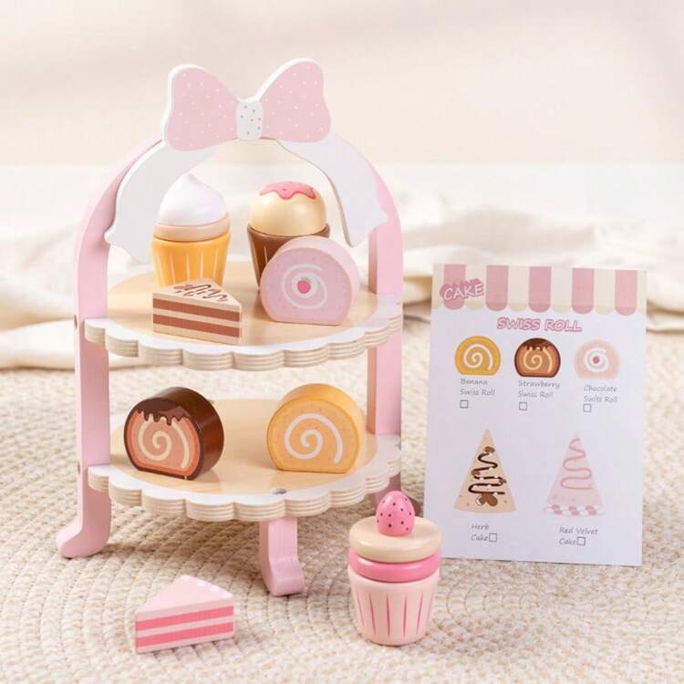 木制蛋糕茶会玩具套装，甜点玩具带纸杯蛋糕架，儿童过家家厨房配件，木制食物玩具烘焙礼品套装，适合3-4-5岁男孩女孩 - 彩色 - 查看 1