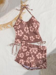 2pcs Floral Print Spaghetti Strap Tankini Swimsuit Set, Elegant Sexy Beach Vacation Style, Summer - Multicolor - View 4