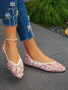 Giày bệt mũi nhọn đính sequin thời trang mới cho mùa xuân/thu cỡ lớn EU size 35-45, thanh lịch, đa năng và thoải mái, phù hợp để mặc hàng ngày với váy - Nền móng-Kim sa vàng - Xem 2
