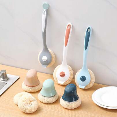 1pc Long Handle Pot Brush, Fiber Cleaning Ball, Kitchen Cleaning Brush, Household Pot Scrubber, Non-Scratch Dish Washing Brush