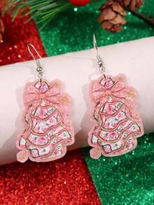 1 Pair Cute, Elegant, Minimalist, Pink Floral Christmas Tree Earrings, Suitable For Holiday Parties, Christmas Earrings For Jewelry Women, Elegant & Fashion Fairy  Accessories, Christmas Decoration - 多色1 - 查看 6