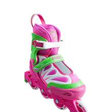 一款时尚运动型青少年户外直排轮滑鞋。时尚加厚柔软鞋面舒适透气，贴合脚型。可调节尺寸，高弹PU轮提供强劲抓地力，防止打滑，加固铝合金支撑架有效防止脚踝扭伤。适合初学者。 - 粉色 - 查看 4