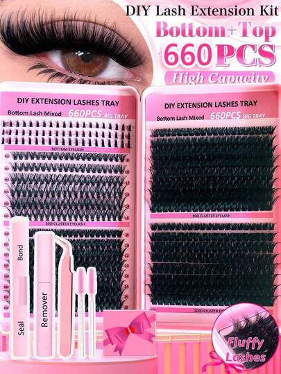 660 pièces Kit de faux-cils en grappe 8-16 mm, comprenant des faux-cils 30D, 40D, 50D, 80D, 100D et des faux-cils inférieurs. Kit d'extension de cils avec grappes de cils, colle, scellant, pinces à épiler et brosse à cils