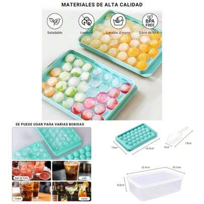 Juego de Moldes de Hielo de Silicona, 3 Bandejas de Cubitos de Hielo, 1 Caja con Tapa y 1 Cuchara, Moldes para 99 Cubos Esfricos, Reutilizable de Grado Alimenticio sin BPA Azul