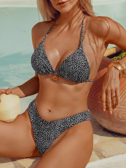 wohenmeili Conjunto de bikini de verano para mujer con estampado completo, escote halter y lazos, traje de baño sexy