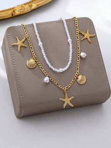 2pcs Bohemian Style Ocean Series Shell & Starfish Beaded Waist Chain For Women - Yellow Gold - View 4