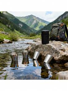30ml Portable & Durable Stainless Steel Camping Cups - 4pcs, 30ml With Sleek Carrying Case,Portable Water Bottle, Camping Cup - Bạc - Xem 3