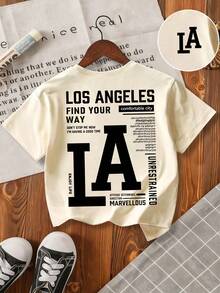 男童标语印花圆领短袖休闲T恤 - 杏色 - 查看 3