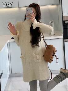 [Y6Y] 女士无袖针织A字中长连衣裙 | 可爱波西米亚风圆领迷你吊带背心连衣裙，带口袋，休闲装 - 杏色 - 查看 6