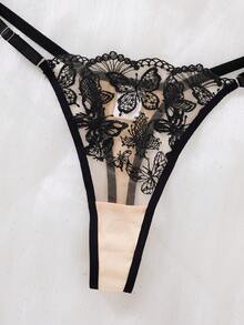 1 Set Of 2 Pieces Women's Black Embroidered Floral Sexy Daily Underwear Set, Butterfly Embroidered Underwear And Thong Two Pieces Set, Comfortable Home Style Bra Set - 黑色 - 查看 4