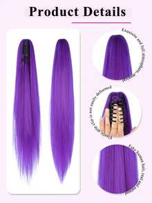 32英寸长马尾假发，长直马尾夹式爪形假发，自然逼真合成假发，女士深紫色耐热纤维夹式马尾假发 - 紫色 - 查看 6