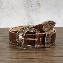 1pc Western Style Embossed Gold-Edged Decorative Belt, Made Of High-Quality PU Material, Suitable For Daily Wear, Boho Style, Halloween, Summer, Autumn, Winter, Outings, Sports, Galas, Parties, Jeans, Back To School, Graduation, Gifts, Commuting