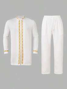 Men's White Dashiki 2-Piece Set – Gold Embroidery, Long Sleeve Shirt With Embroidered Cuffs, Elastic Waist Pants | Stylish African Fashion For Casual, Business, Weddings & Cultural Events, Men's Matching Sets - 白色 - 查看 2