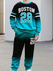 2 件套青少年男童渐变色运动衫和慢跑裤套装，字母印花渐变色套头衫和锥形裤，春秋季时尚 - 藍色 - 查看 6