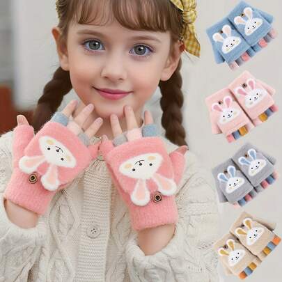 2-5 Years Old Girls Cute Cartoon Warm Fingerless Gloves, Suitable For Winter, Flip-Top Design, Suitable For Homework