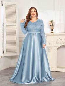 hezixi High-Quality Stretchy Sequin V-Neck Puff Sleeve Fitted Mermaid Hem Design, Plus Size Solid Color Elegant Luxury Maxi Dress, Makes Women Look More Youthful And Charming, Suitable For Various Parties, Graduations, Weddings, Events, Banquets And Balls, Women's Formal Ball Gown (Deluxe Edition) - Baby Blue - View 6
