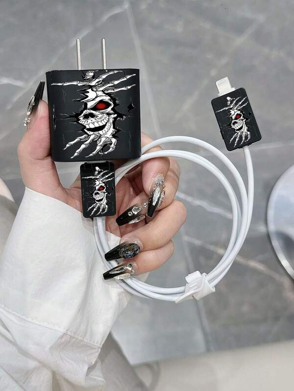 Personalized Scary Skeleton Pattern Charger Protector Kit Suitable For Phone 18W/20W Adapter Cover With Cable Protector Compatible With Phone 13/14/15 - Charger Protective Case Set As A Gift