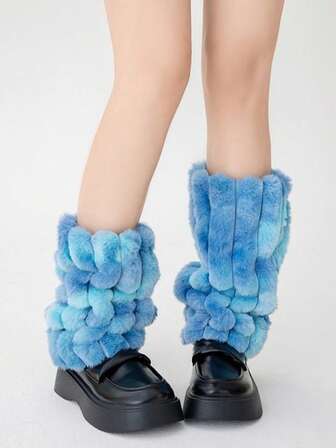 1 par dambenvärmare i fuskpäls, färgglada, fluffiga benvärmare, supertjocka, varma benvärmare till mitten av vaden, benvärmare med dopamin från Y2K för vintern