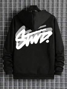 Black Fleece Zip-Up Hoodie, 1 Pcs  Autumn And Winter Street Art Style "Stwd." Graffiti Fleece-Lined Hoodie, 280g 100%Polyester Zip-Up Hoodie - màu đen - Xem 2