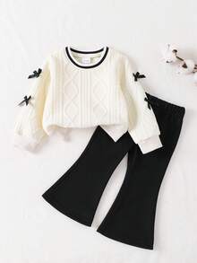 2pcs Baby Girls Casual Fashion Cute Bow Decor Long Sleeve Striped Splice Top And Flare Pants Set, Baby Girl Clothes, Autumn/Winter