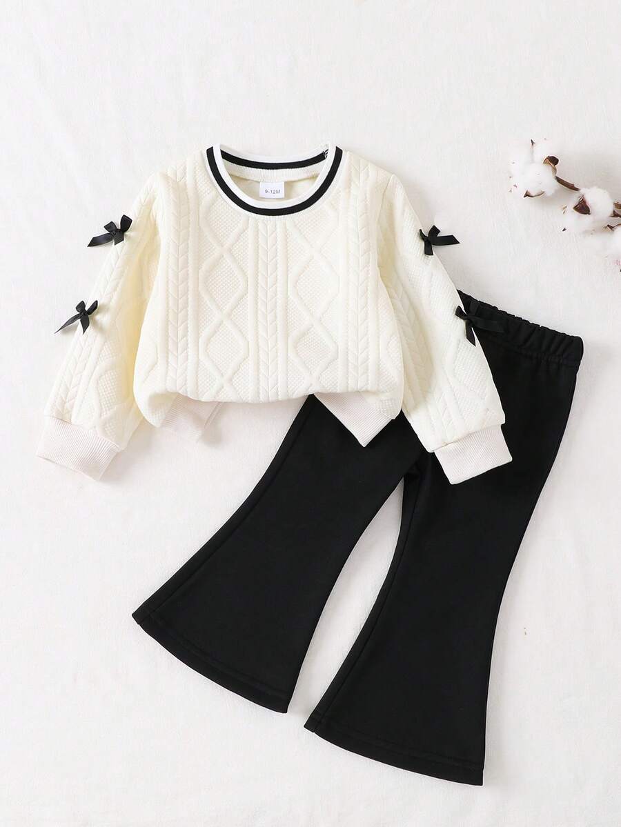 2pcs Baby Girls Casual Fashion Cute Bow Decor Long Sleeve Striped Splice Top And Flare Pants Set, Baby Girl Clothes, Autumn/Winter