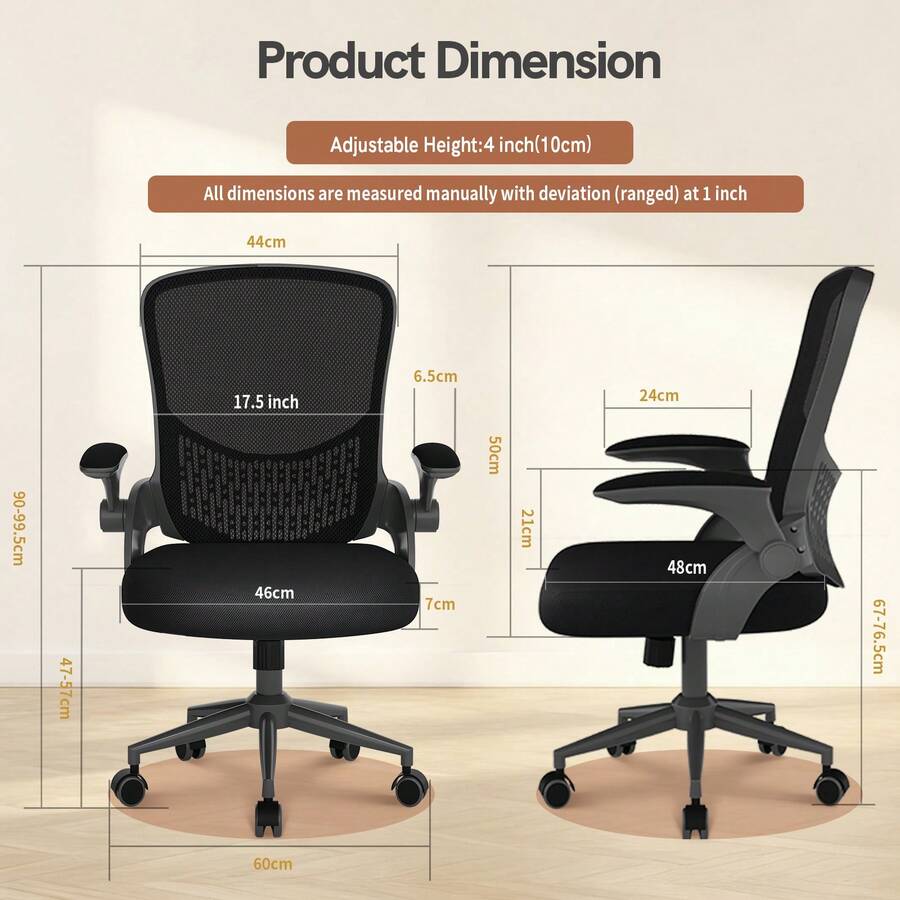 GartistGo Ergonomic Office Desk Chair With Flip-Up Armrests, Mid-Back Mesh Chair With Lumbar Support, Adjustable Height & Storage Backrest, Comfortable Computer Chair For Home Office