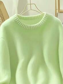 Áo len dệt kim màu trơn mềm mại và ấm áp dành cho nữ, trang phục thường ngày cho mùa thu - Màu xanh Bạc hà - Xem 3