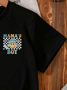 Young Boy Letter & Cartoon Face Print Round Neck Short Sleeve Casual T-Shirt - Black - View 5