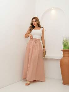 AMY FASHION STRIPED LENGTH SKIRT WITH SLIT AND BAG, THICK WAIST, 2025 FASHION - Brown - View 3