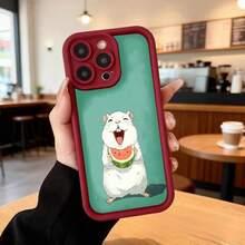 Cubierta de teléfono con borde negro y fondo verde claro con diseño de hámster blanco comiendo sandía para uso diario en cafeterías y espacios urbanos Aplicable a los teléfonos de la serie Apple y Galaxy - Negro - Ver 5