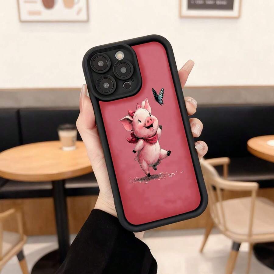 Phone Case With Black Edge And Red Back With Animated Pig And Butterfly Design For Daily Use In Cafes Suitable For Apple Series Phones - White - View 1