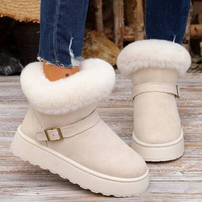 Women's Snow Boots For Autumn/Winter, Slip-On Short Shaft Thick Sole Outdoor Warm Boots, Buckle Decor On Shoe Upper To Avoid Monotony, Fluffy Collar Around Ankle For Fashion And Warmth, Suitable For Daily Wear, Commuting And More.