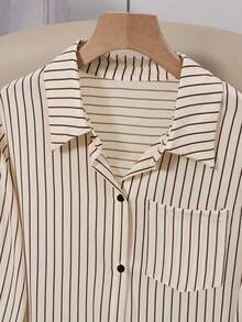 Women's Long Sleeve Single-Breasted Casual Loose Striped Long Shirt Spring - Apricot - View 4