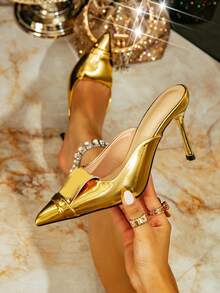 Sandały na obcasie ze szpiczastym noskiem, 10 cm, seksowne, minimalistyczne, w kolorze złota, odpowiednie na wesele, imprezę, bankiet, eleganckie szpilki, do klubu i na co dzień, buty damskie w dużych rozmiarach, stylizacje na wiosnę i lato - Złoto - Zobacz 6
