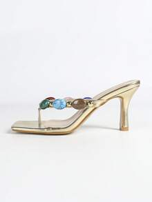 Sandales à talons hauts femme avec décoration de faux gemmes et style métallique, bout carré. , confortables, élégantes, haut de gamme. Conviennent pour les soirées formelles, les tenues décontractées. Talons hauts dorés, pour les tenues de printemps et d'été - Doré - Voir 6